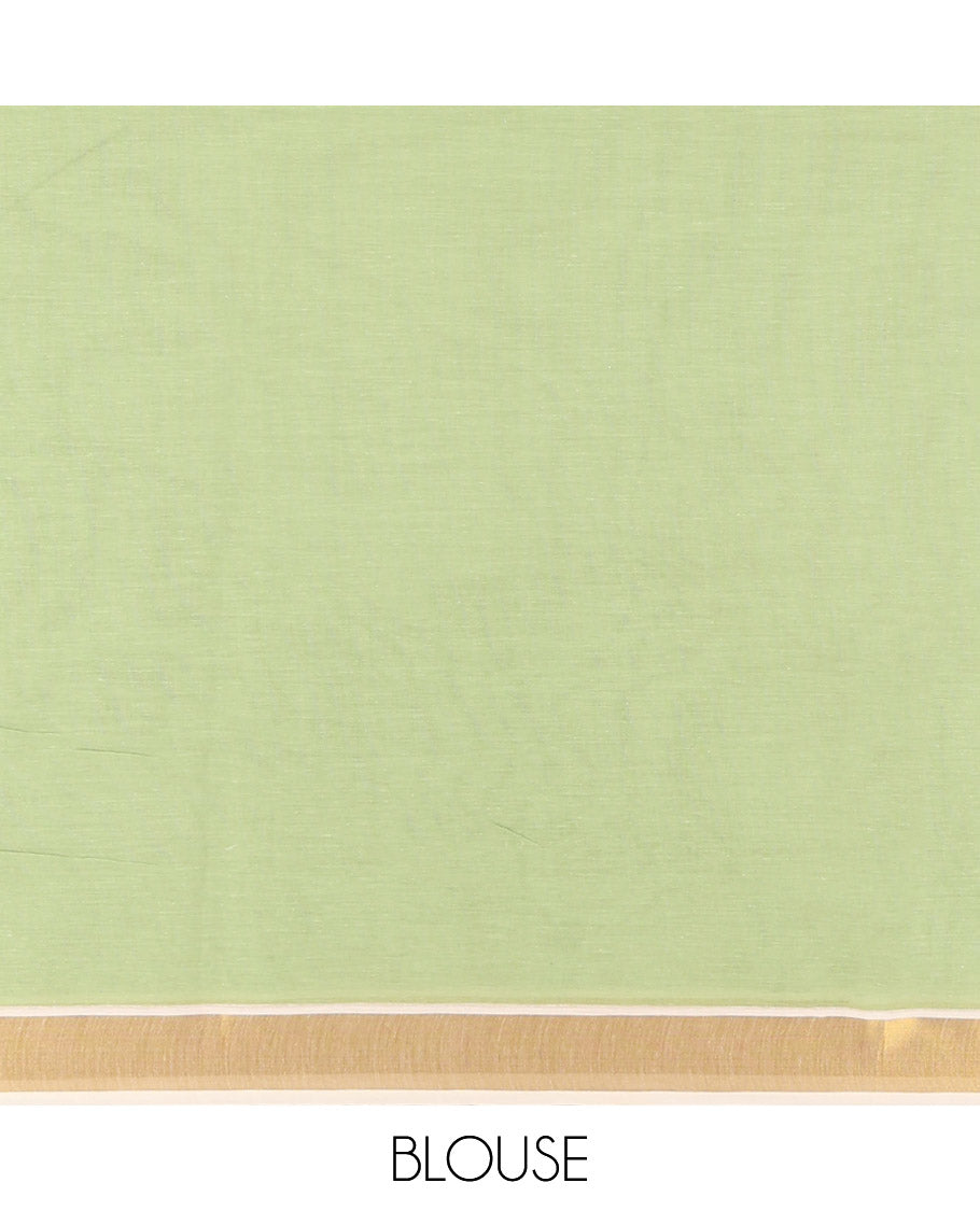 Cream Kerala Cotton Saree, Beautified with Floral Print, a Zari Border, Floral Pallu, a Contrast Blouse