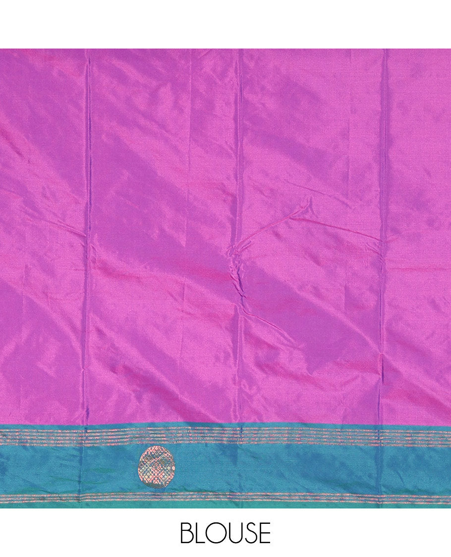 Magenta buttas semi-soft silk saree, contrast zari striped and round buttas border, striped pallu, and a matching blouse