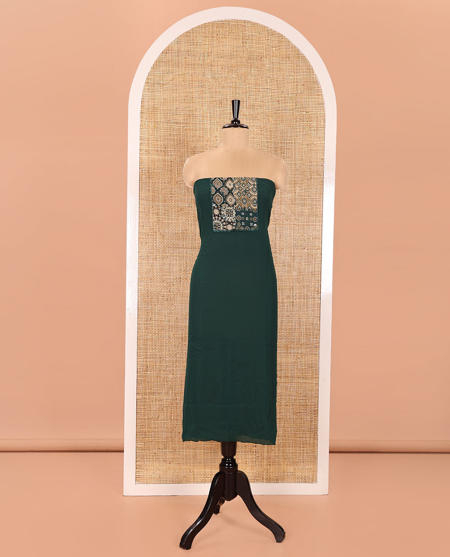 Green Material Chudidhar Set, Adorned with Ajrakh-Style Print and Mirror Work Fox Georgette Top, Santoon Plain Bottom, and Georgette Dupatta of Ajrakh Print and Mirror Work