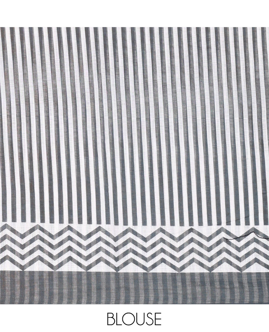 Blue Linen Cotton Saree, Embellished with Mirror Work All Over Its Body, Subtly Scallop Border, Complemented by Contrast Pallu of Stripes and Mirror Work, and Paired with a Contrast Geometric Printed Blouse