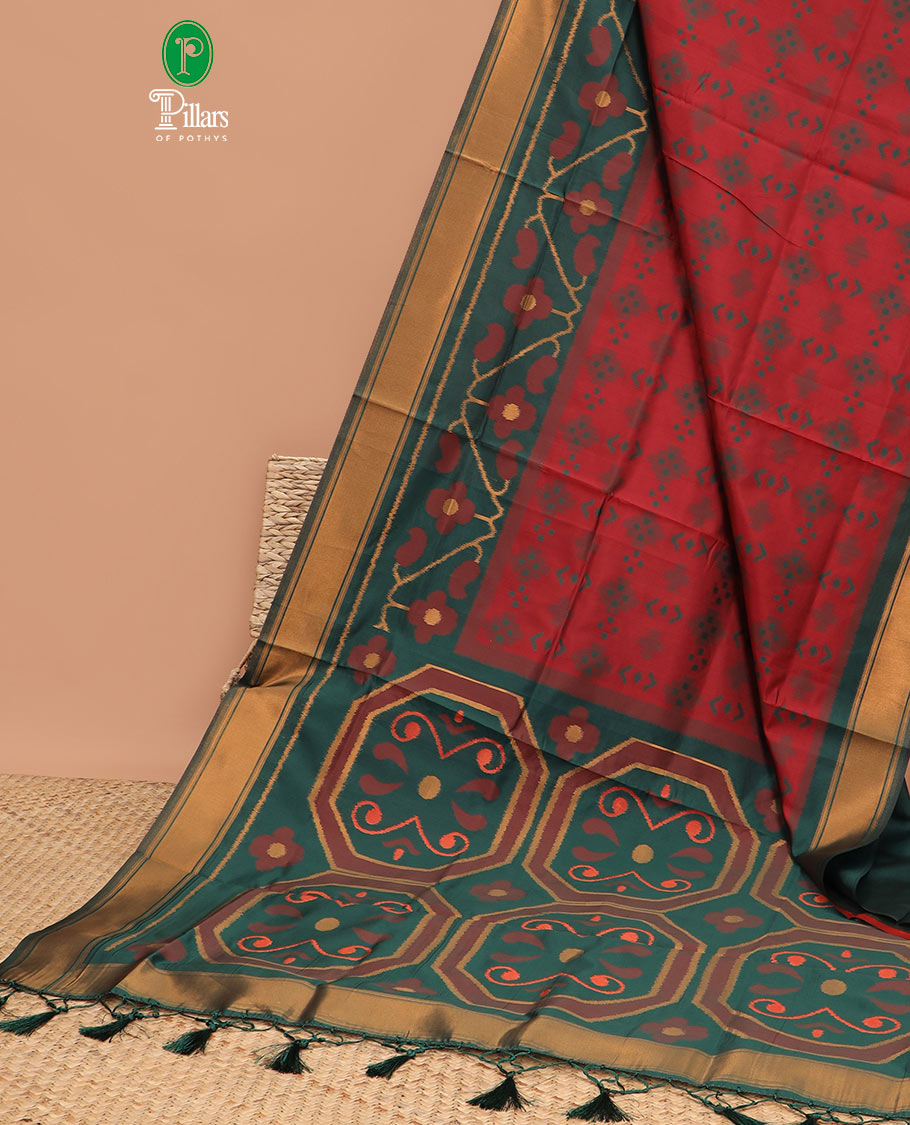 Maroon with green patola design mulberry silk aree , double side border with one side bavanchi small border