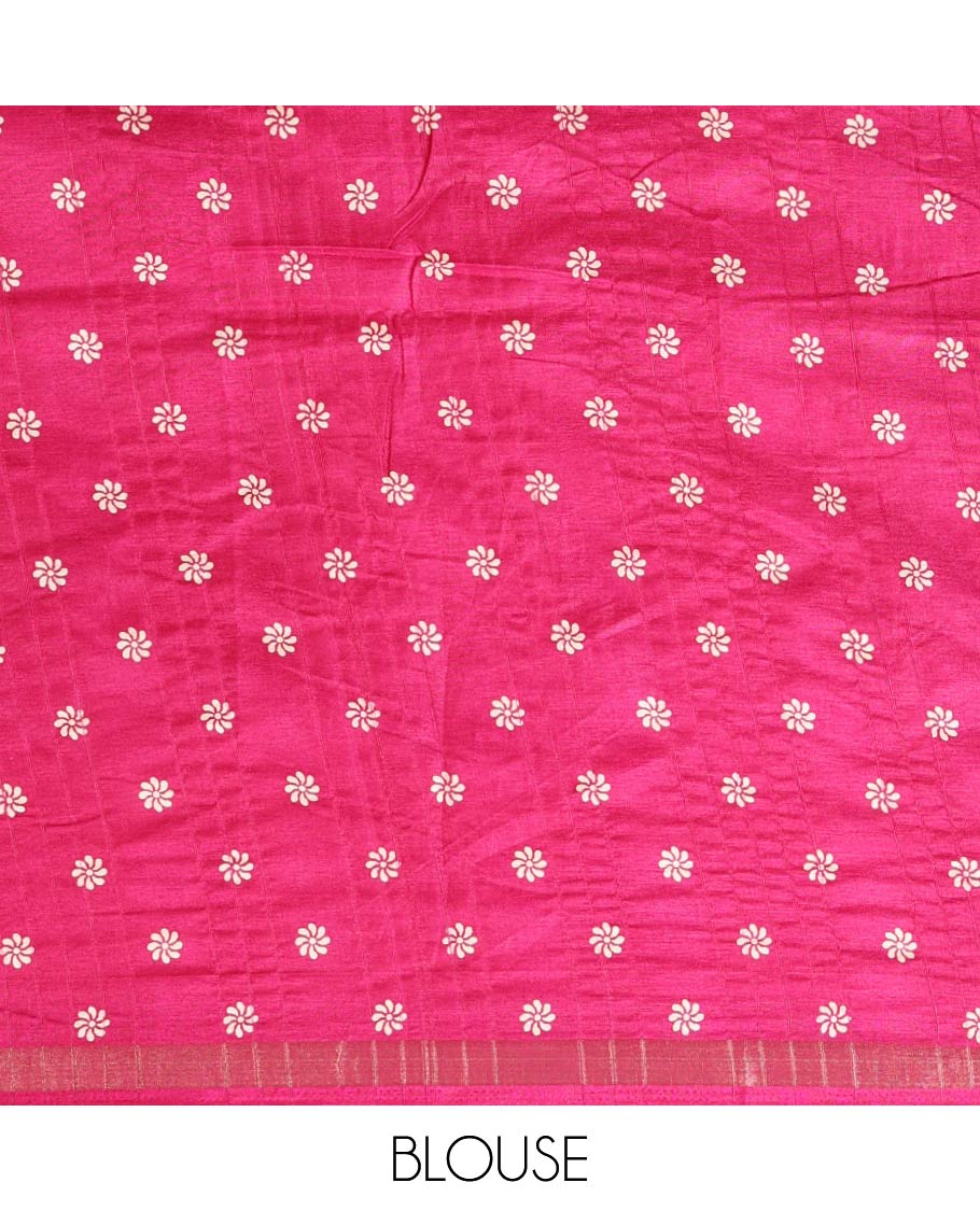 Magenta batik-style floral butta printed Malgudi silk saree, batik floral design printed piping zari border & floral printed pallu