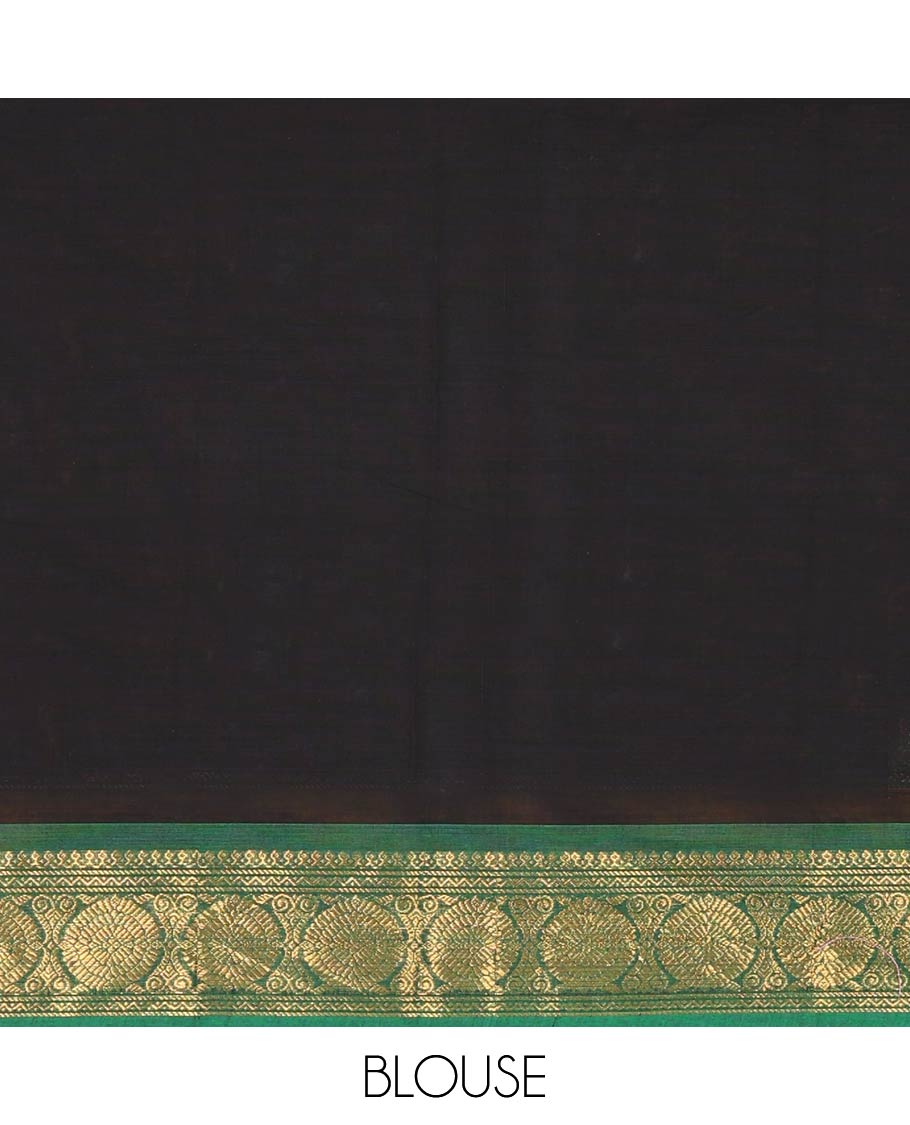 Black plain Chettinad cotton saree, contrast traditional design rettai pettu border of peacock chakram, striped pallu, and a matching blouse