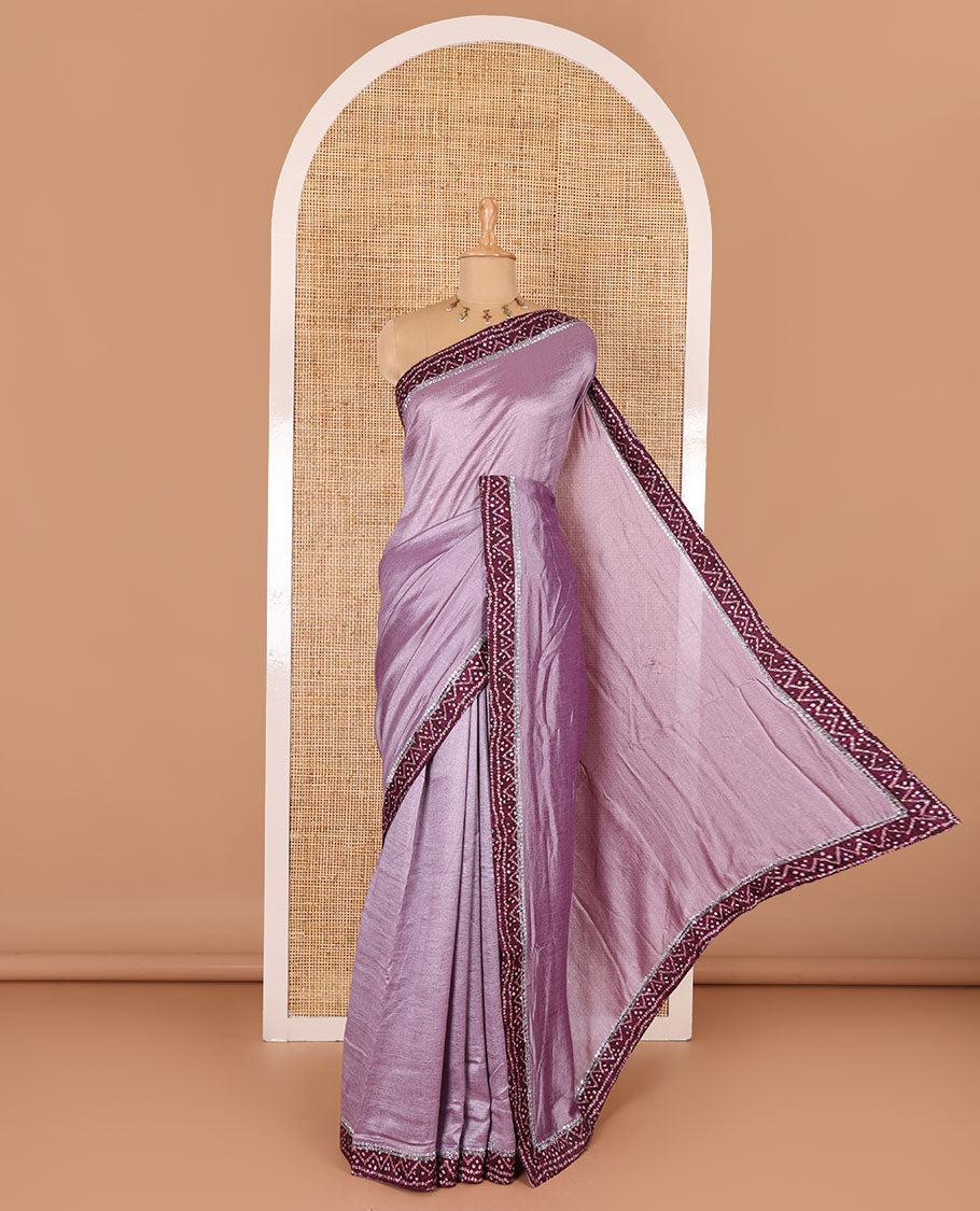 Lavender plain Vichitra silk saree, contrast bandhani printed with Swarovski micro-stonework border, and a contrast bandhani printed blouse