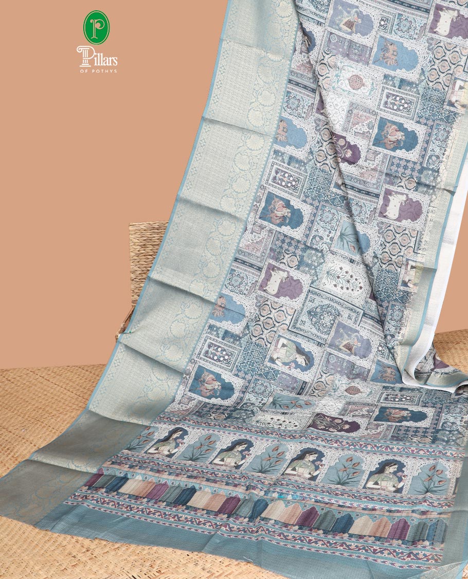 Blue all-over mughal motif digital printed kota checks cotton saree with contrast gold zari jacquard border & printed rich pallu along with contrast plain blouse