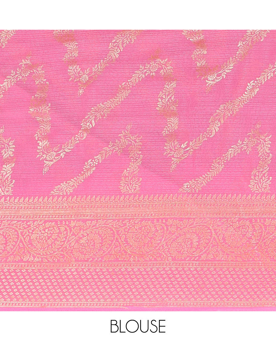 Green Chiffon Saree, Highlighted with Floral Jaal Foil Prints All Over Its Body, Complemented by a Contrast Traditional Motifs Foil Printed Border, Pallu Steeped with Diagonal Stripes, and Paired with a Contrast Blouse