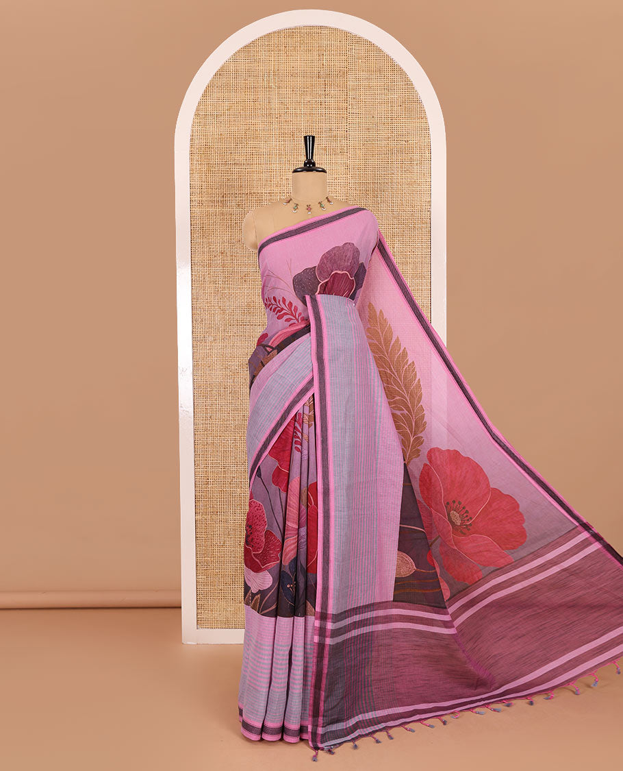 Pink stripes, and tropical floral printed Mangalgiri cotton saree, traditional thread border, striped pallu, and a matching blouse