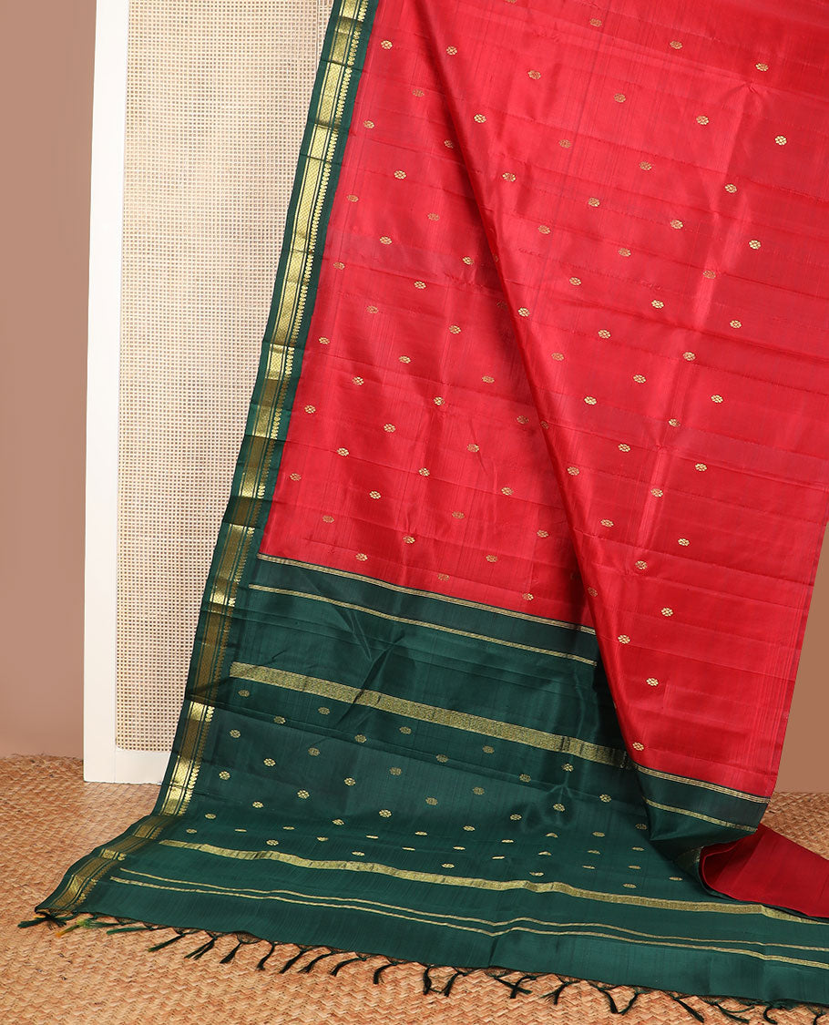 Red zari buttas Kanchipuram silk saree, contrast one-sided korvai border of manga,banaras & mayil kann & kamalam motif pallu
