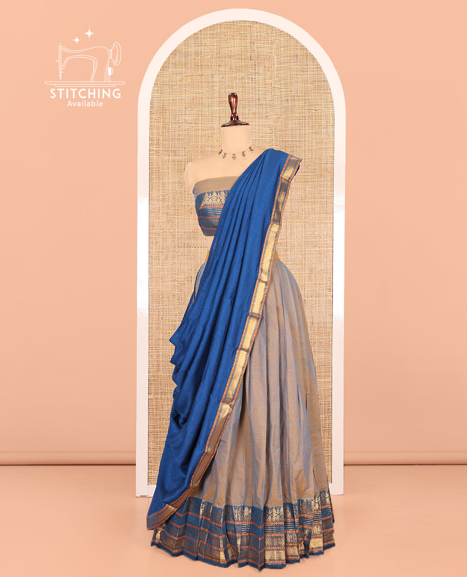 Fawn-Rama Blue Chettinad Cotton Half-Saree, Contrast Traditional Zari Bordered Skirt, Matching Blouse, and a Contrast Dhavani