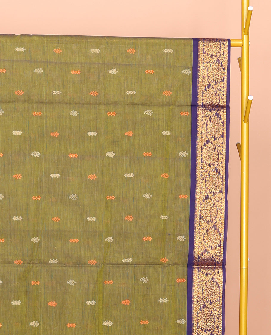 Green Venkatagiri Cotton Saree, Woven with Thread Buttas, a Contrast Floral Creeper Zari Border, Pallu of Buttas and Stripes, and No Blouse