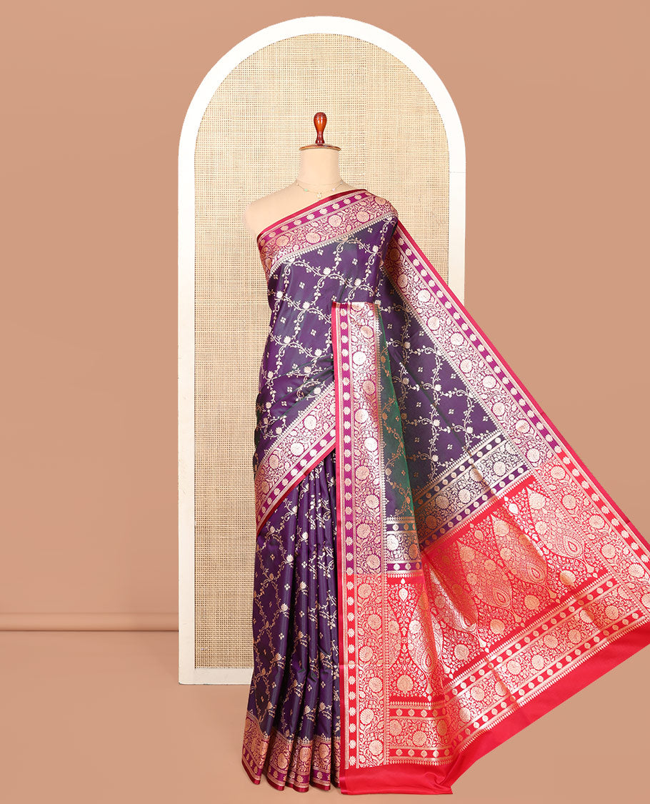 Eggplant Purple Semi-Banaras Saree, Finely Crafted with Jaal Jacquard on Its Body, Complemented by a Contrast Floral Creeper Design Border, Intricately Designed Pallu, and Paired with a Contrast Blouse