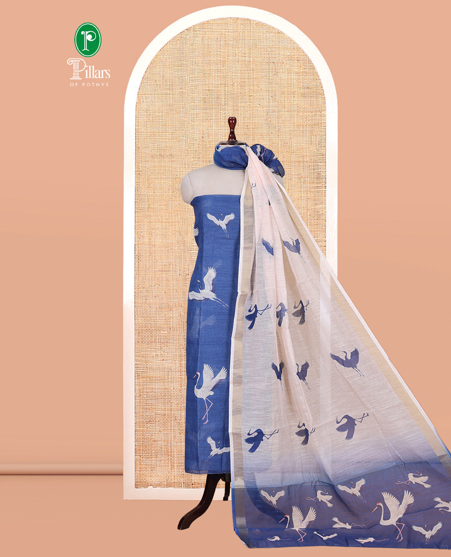 Blue Semi-Linen Material Churidar, Adorned with Heron Motifs Top, a Plain Santoon Bottom, a Contrast Heron Dupatta
