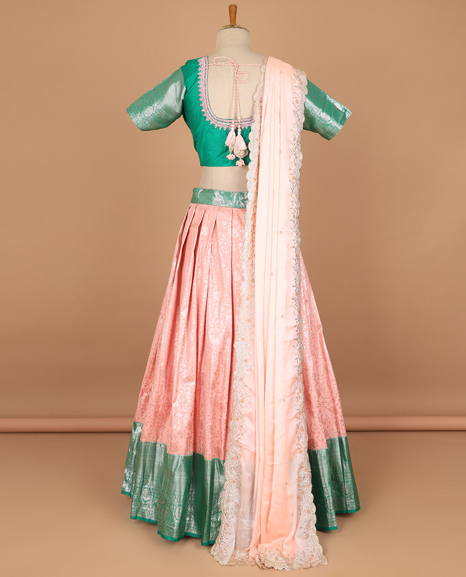 Pink jacquard art silk half saree with contrast zari design border, zari design blouse & plain, floral embroidered scallop border dhavani