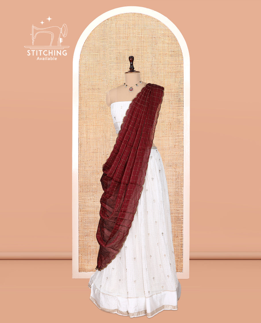 Cream-Maroon Viscose Georgette Half-saree, Buttas Skirt, Matching Blouse, Contrast Checked Dhavani