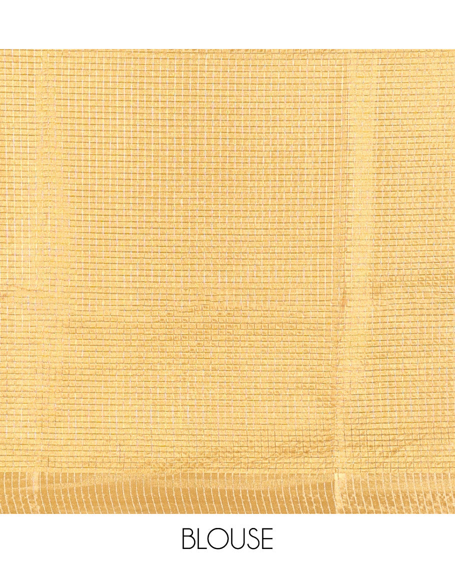 Mustard Semi Tussar Featuring Micro-Checks and Elegant Lotus Prints All Over Its Body, a Subtle Border, Pallu Mirrors Lotus Motifs, and Comes with a Matching Blouse