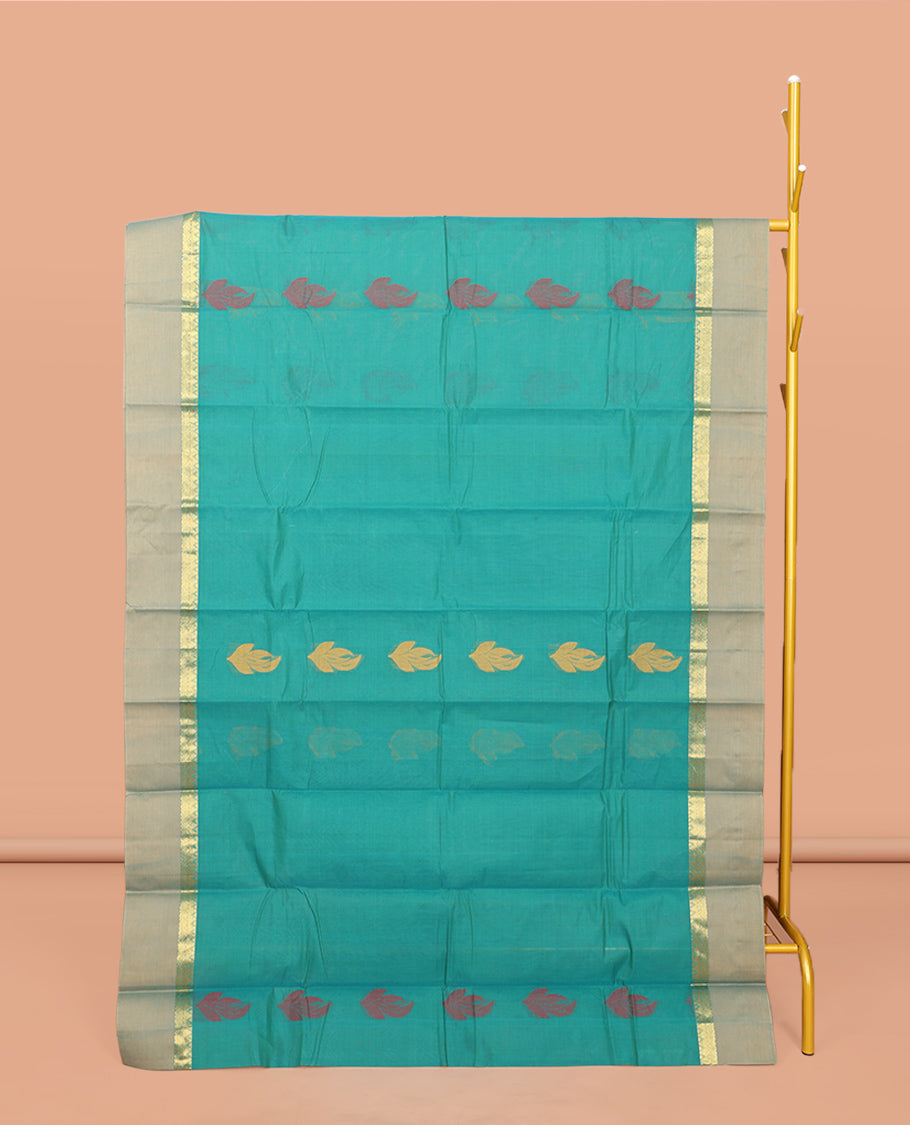 Green Kanchi Cotton Saree, Elevated with Buttas All Over Its Body, Complemented by a Contrast Border, Pallu of Intricate Design, and Paired with a Matching Blouse