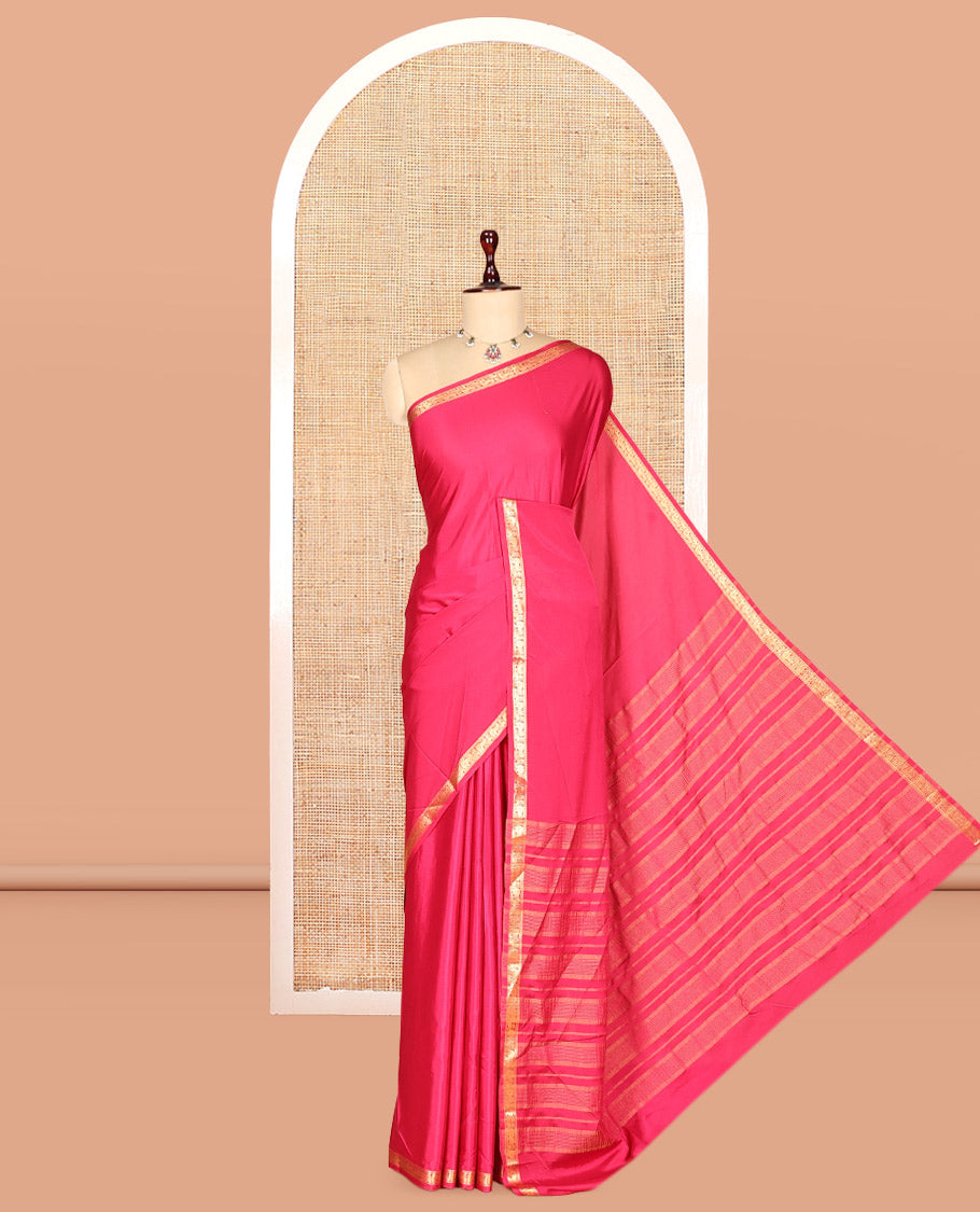 Pink Plain Semi-Mysore Saree, a Zari Elephant-Peacock Butta Border, Striped Pallu, Matching Blouse