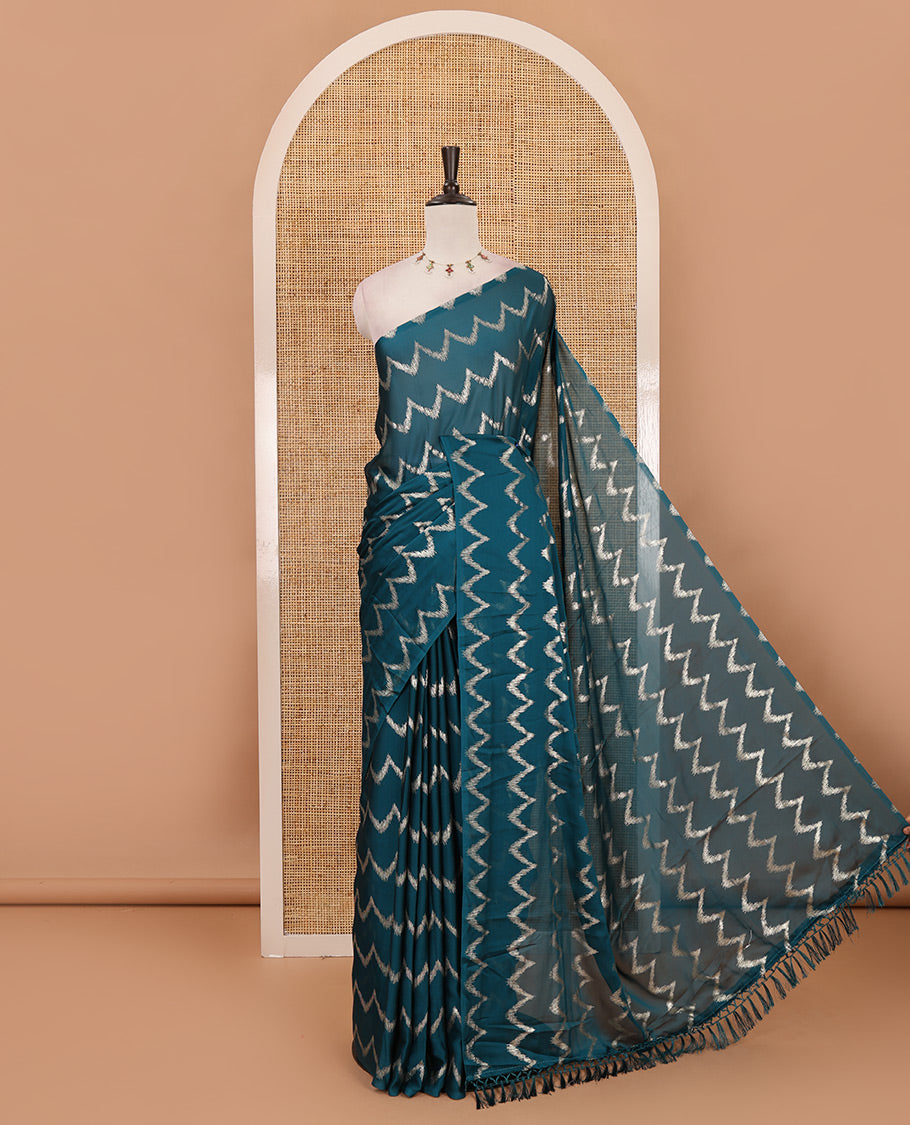Borderless peacock green zig-zag stripes foil printed rangoli saree, running blouse