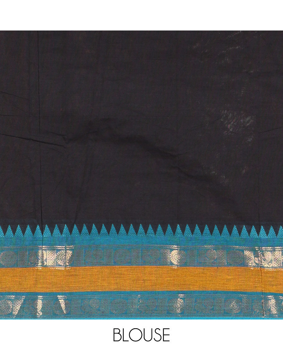 Black Plain Chettinad Cotton Saree, Complemented with a Contrasting Rettai Pettu Border of Peacock Chakram Motifs, a Subtle Pallu of Stripes, and a Matching Blouse