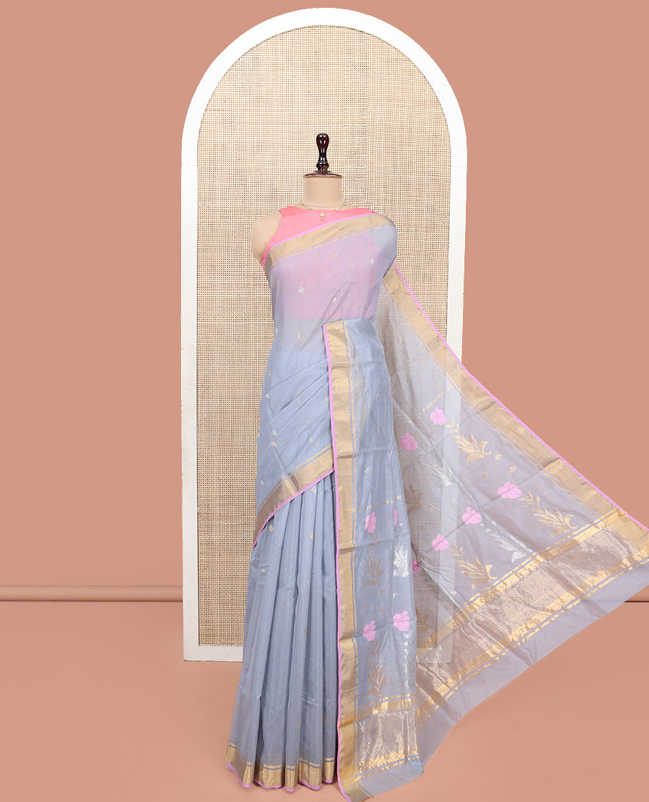 Grey Chanderi Cotton Saree, Decorated with Zari Buttas All Over Its Body, Highlighted by a Zari Border, Pallu of Zari Stripes and Floral Buttas, and Paired with a Matching Blouse
