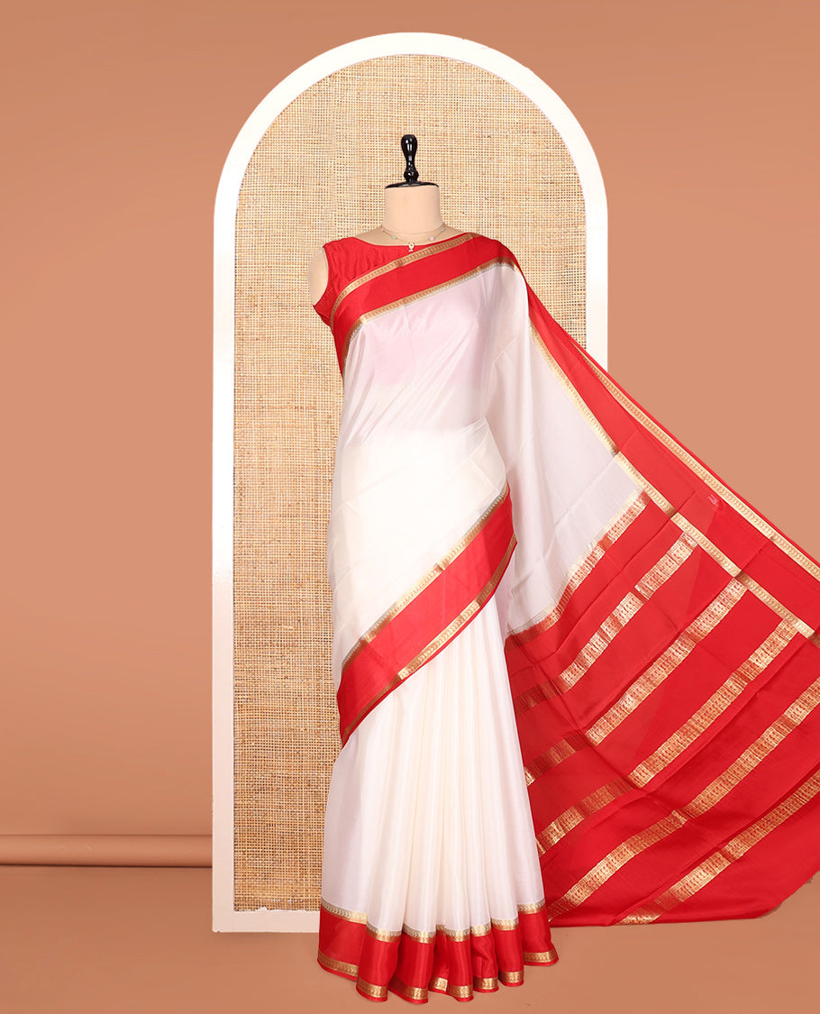 White Plain Mysore Silk Saree, Complemented by a Contrast Traditional Zari Border, Zari Design Pallu, and a Contrast Blouse