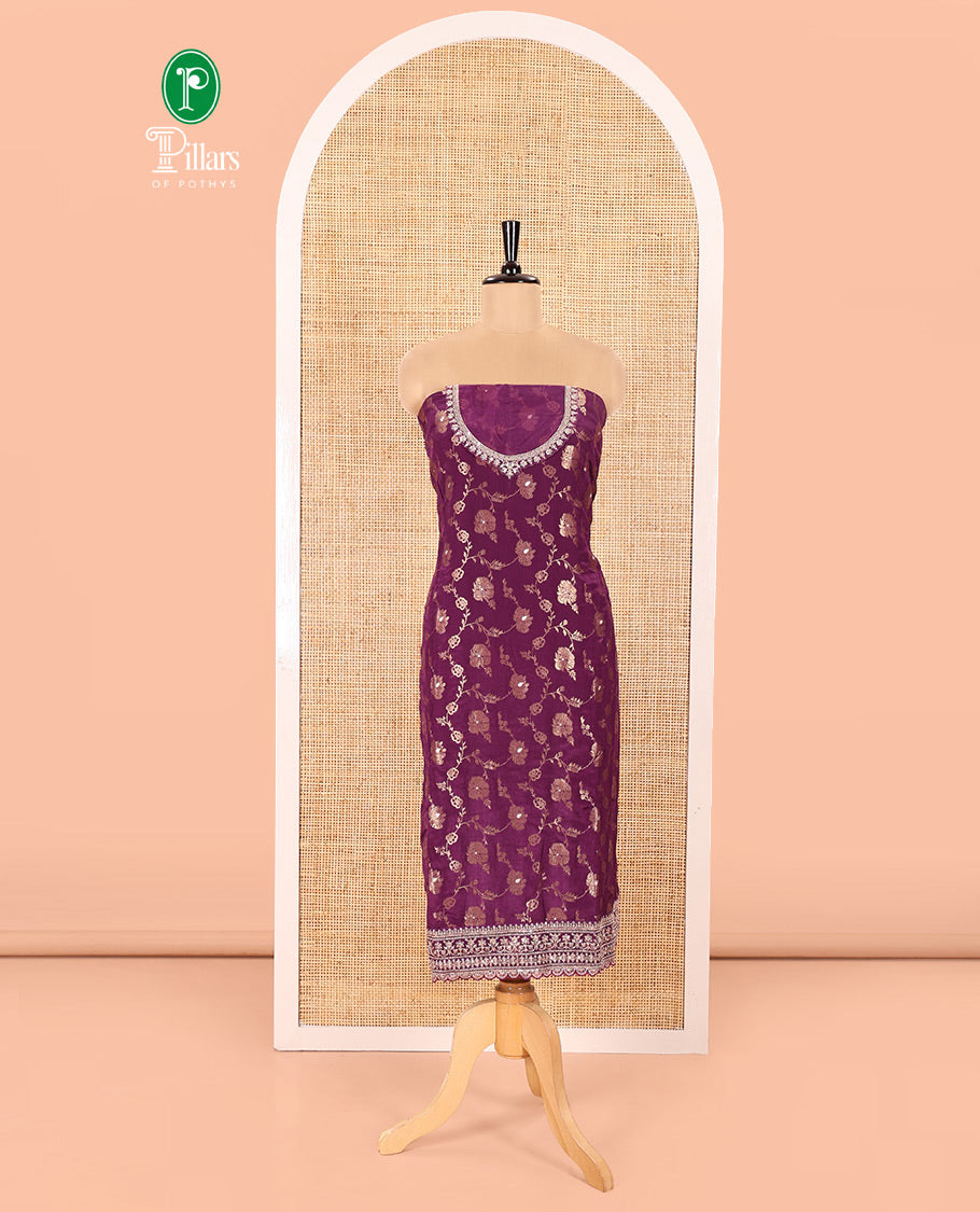 Dark Purple Chudidar Set Beautifully Bedecked with Floral Jaal Jacquard Design Viscose Chinon Unstitched Top, Readymade Free Size Sharara Pants, and a Chinon Embroidered Scallop-Bordered Dupatta