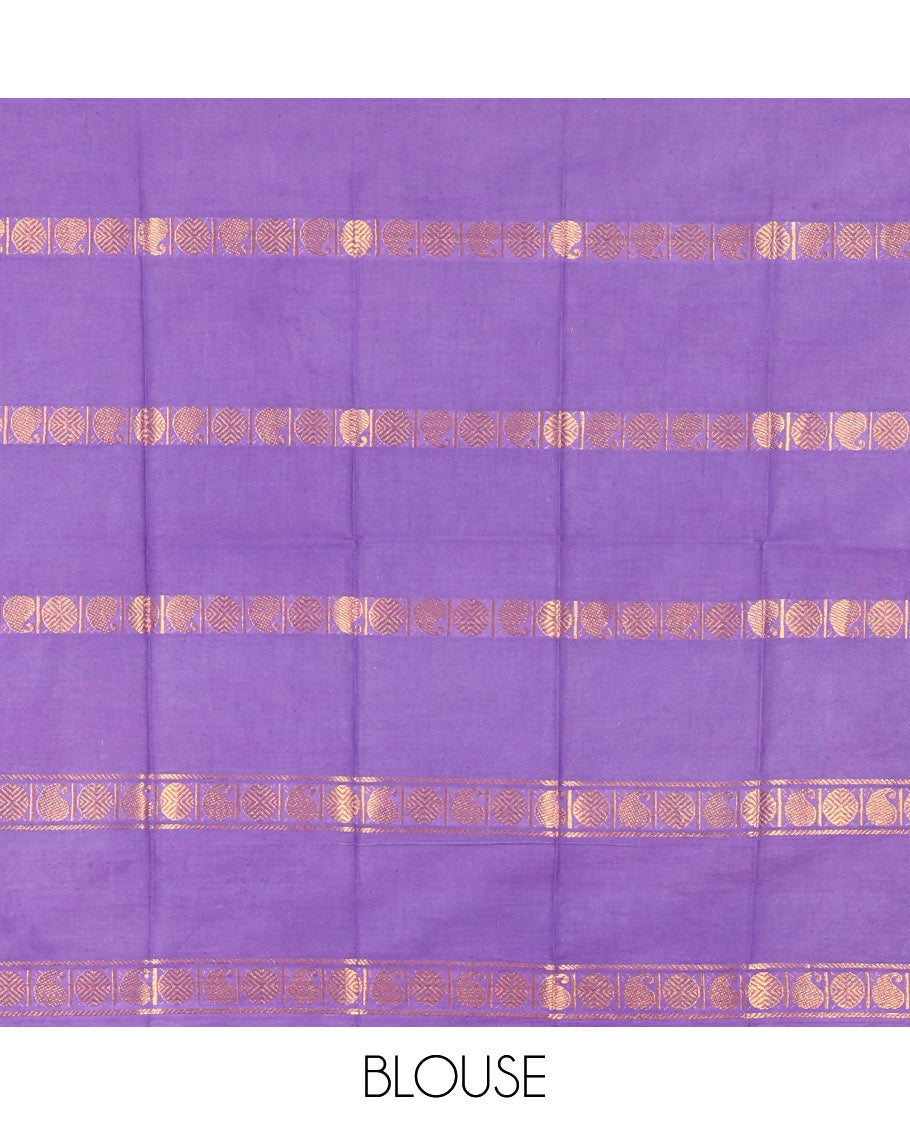 Blue Sungudi Cotton Saree, Adorned with Rudraksham and Paisley Buttas on Its Body, Complemented by a Contrast Rettai Pettu Border of Rudraksham and Paisley Designs, Gleaming Zari-Striped Pallu, and Paired with a Contrast Blouse