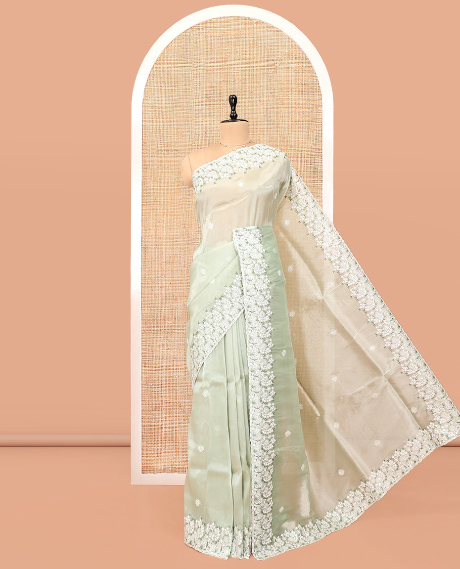 Green Organza Saree, Delicately Woven with Thread Buttas, Scallop Floral Embroidery Border, and Matching Blouse