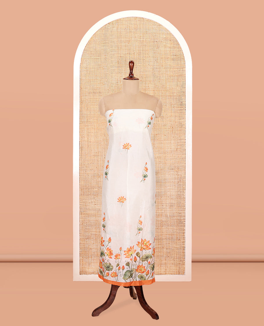 Cream-Orange Semi-Silk Material Chudidar, Lotus Printed Top, Matching Bottom, Lotus Printed Dupatta