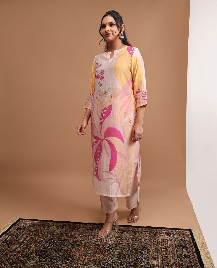 Cream floral design round neck, 3/4 th sleeve,below knee lenght top with straight pants & floral printed dupatta
