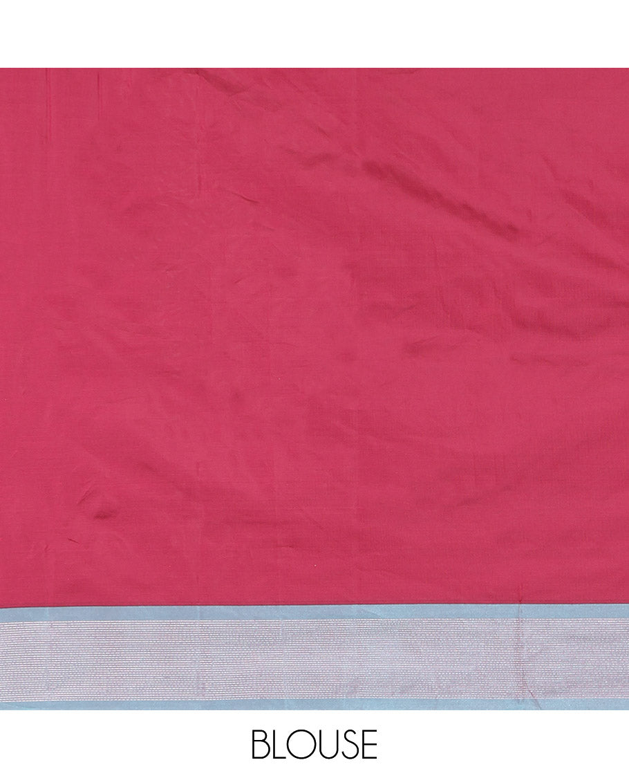 Red Aarani Gift Saree, Steeped with Buttas on Its Body, Complemented by a Contrast Border, a Self-Pallu of Stripes, and Paired with a Matching Blouse