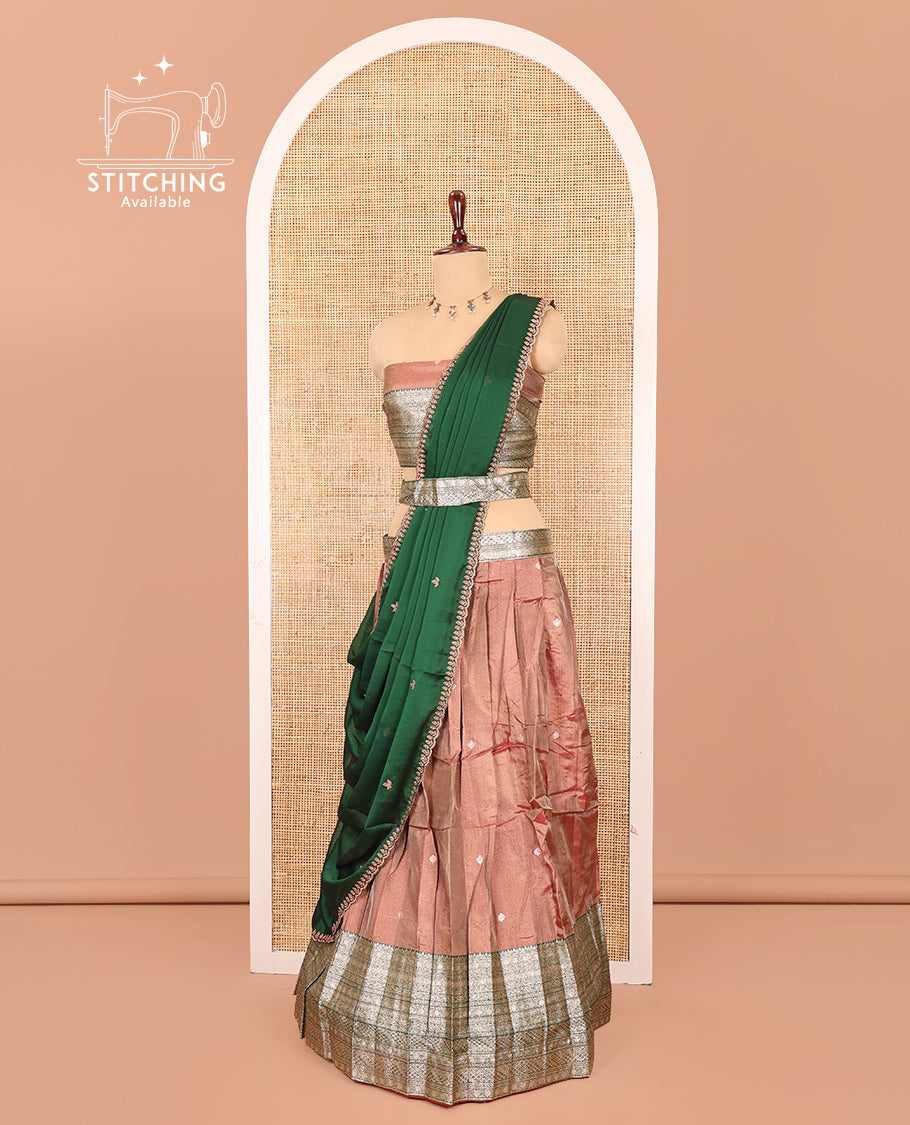 Onion Pink-Green Banarasi Silk Half-Saree Features Buttas Skirt, Contrast Traditional Border, Matching Blouse, Contrast Embroidered Dhavani