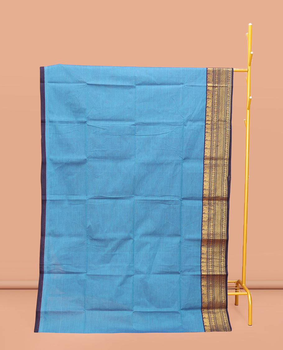 Blue Plain Chettinad Cotton Saree, Complemented by a Contrast Traditional Zari Design Border, Pallu of Stripes, and Paired with a Matching Blouse