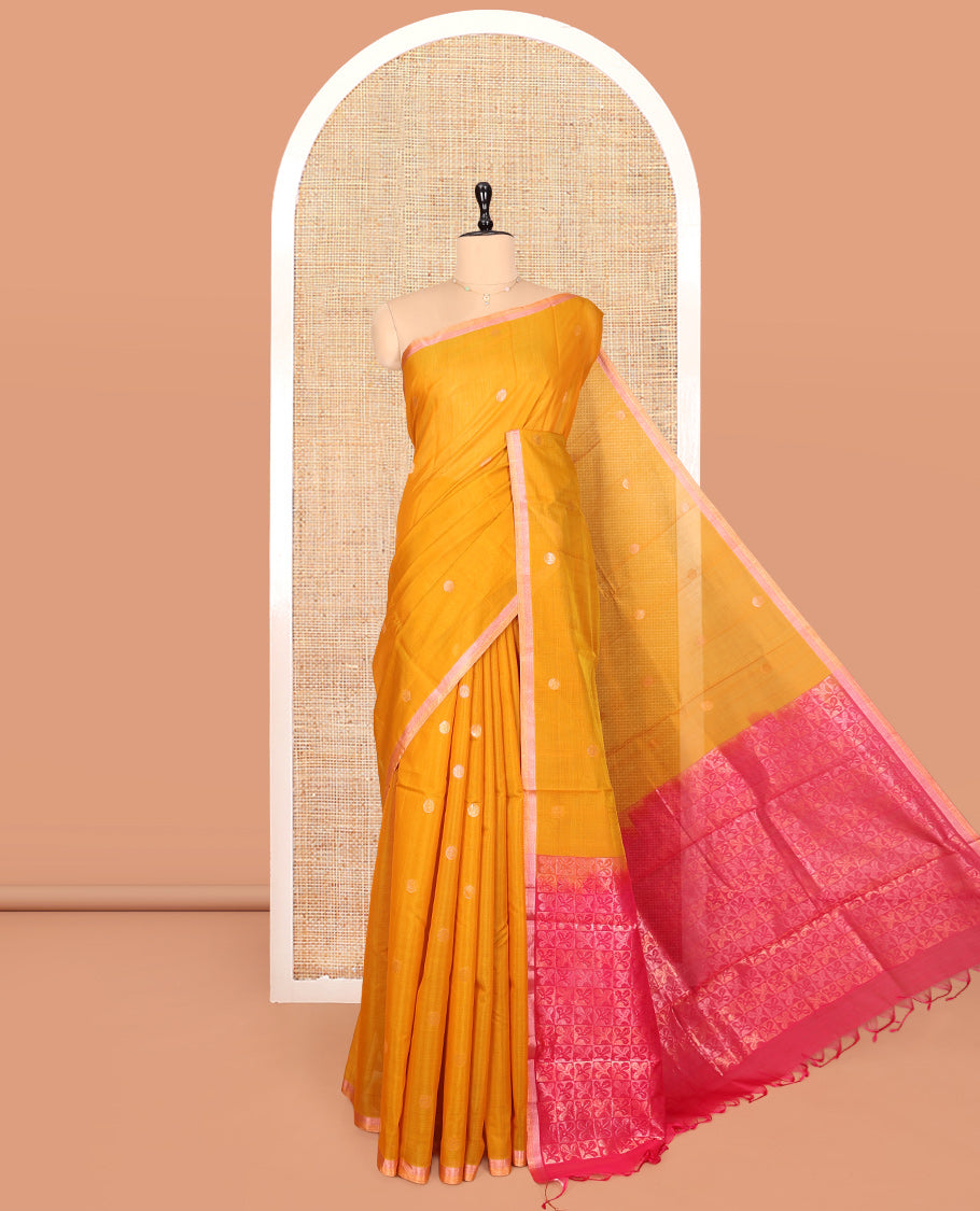 Yellow Silk Cotton Saree, Sparsely Woven with Buttas, a Subtle Piping Border, Contrast Pallu of Floral Designs, and a Contrast Blouse