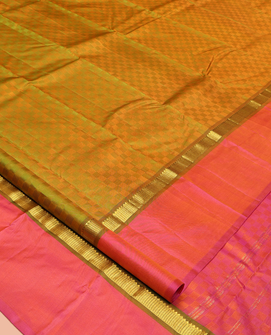 Green-Mustard Kanchipuram Silk Saree, Sparsely Woven with Paiyaadi Kattam on Its Body, Complemented by Contrast Kal Eragina Border of Rekku, and Vanki Designs, Zari-Striped Pallu, and Paired with a Contrast Blouse
