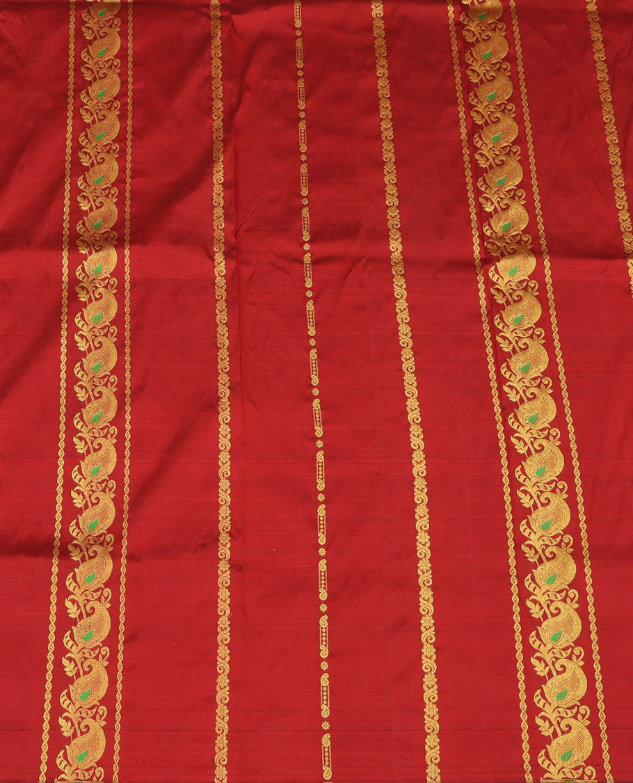 Red Pure Silk Half-Saree, Bedecked with Zari Designs on Its Body, Complemented by a Contrast Floral Zari Design Border, Complemented by a Contrast Blouse, and Paired with a Contrast Dhavani of Jaal Designs