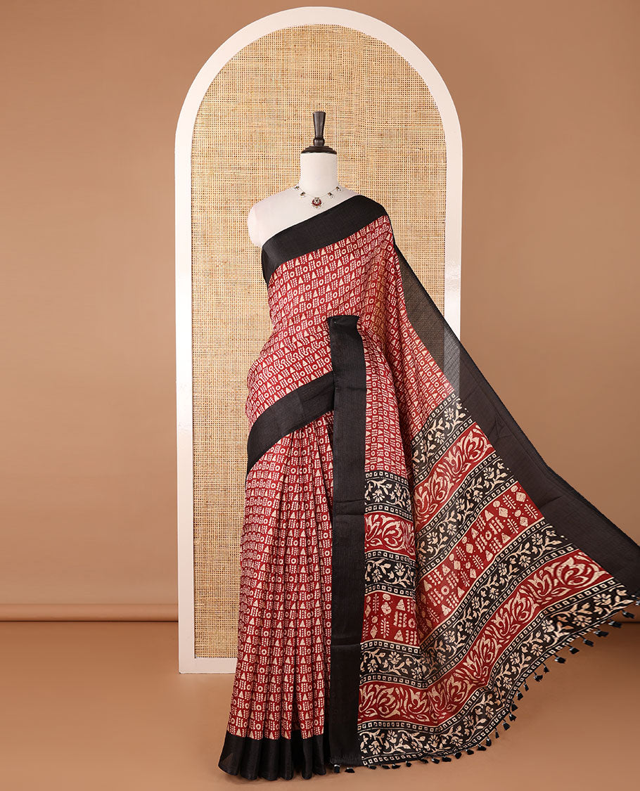 Black batik-style geometric motifs block printed khadi cotton saree,contrast border, batik floral print pallu & plain black blouse