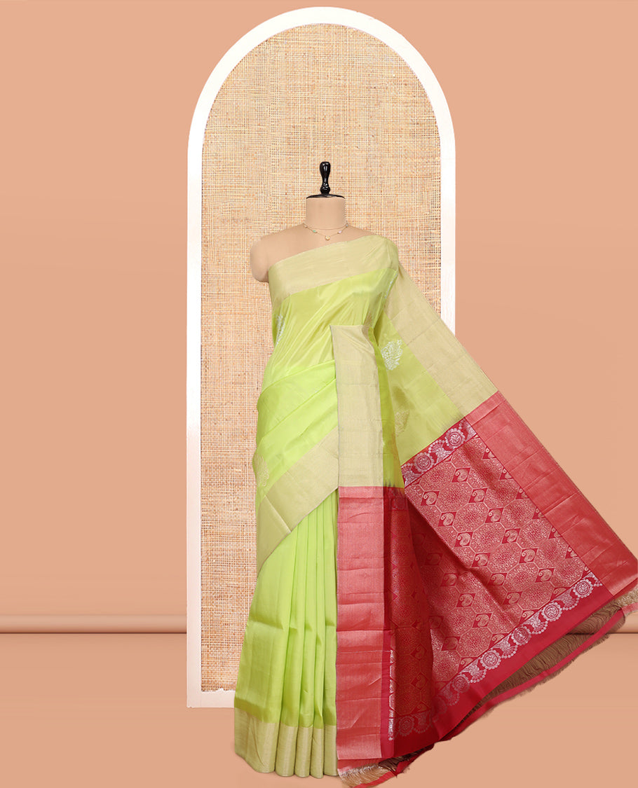 Light Green Semi Uppada Saree, Bedecked with Zari Buttas, a Bavanji Border, Contrast Intricate Pallu, and a Contrast Blouse