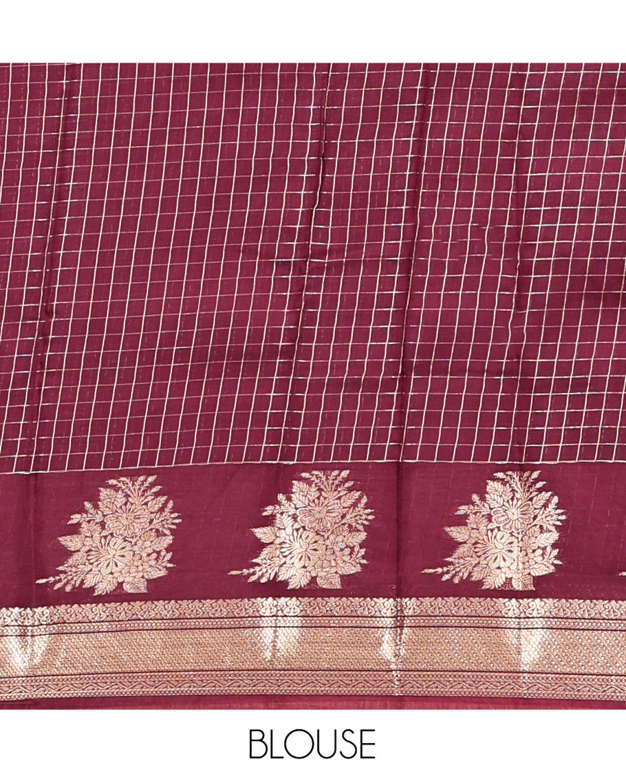 Brown Assam Silk Saree, Richly Detailed with Zari Checks, Highlighted by Traditional Zari Border, Striped Pallu, and Matching Blouse