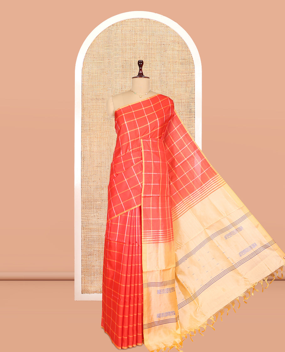 Borderless Red Checked Banana Pith Saree, a Contrast Pallu of Buttas and Stripes, and a Contrast Blouse