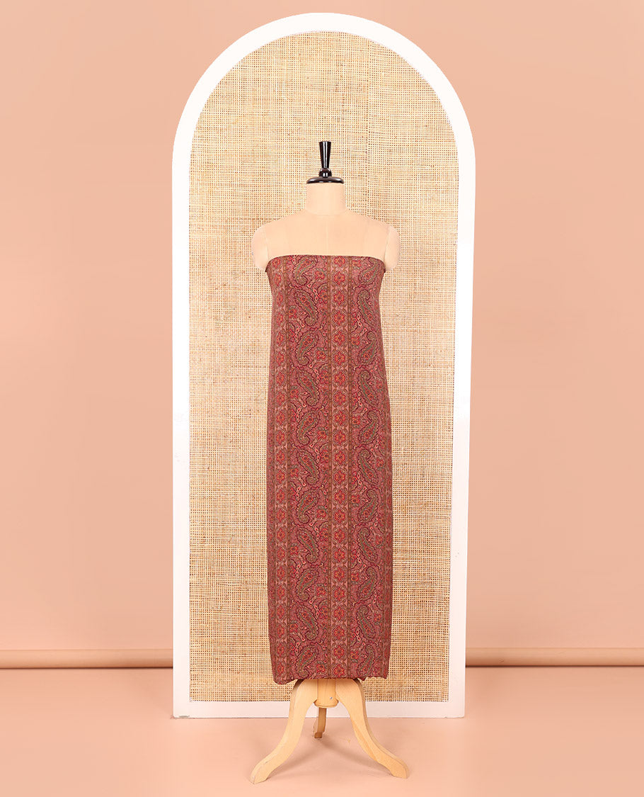 Light Pink Material Chudidar Set Intricately Printed with Paisley Motifs on the Italian Crepe Top, Subtly Negative Printed Bottom, and Italian Crepe Dupatta of the Same Paisley Prints