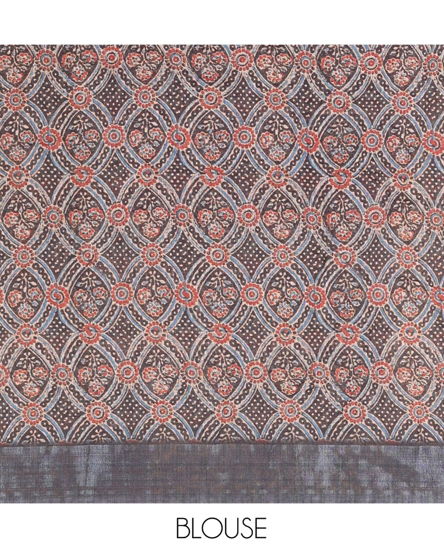 Black Geometric Printed Linen Cotton Saree, a Zari Border, and a Matching Ajrakh Blouse
