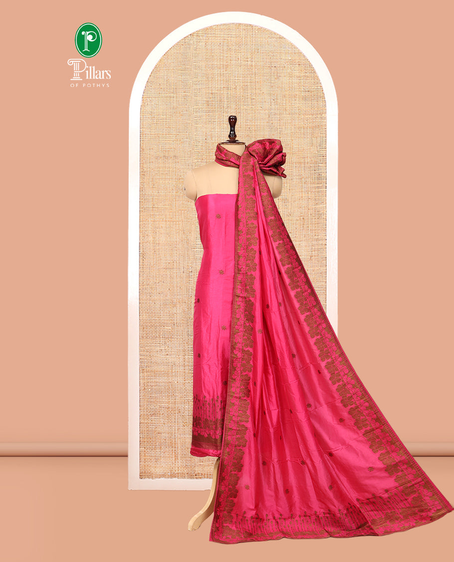 Rani Pink Semi Silk Material Chudidar Set, Adorned with Copper Zari Intricate Design Woven Top, a Santoon Bottom, Matching Dupatta