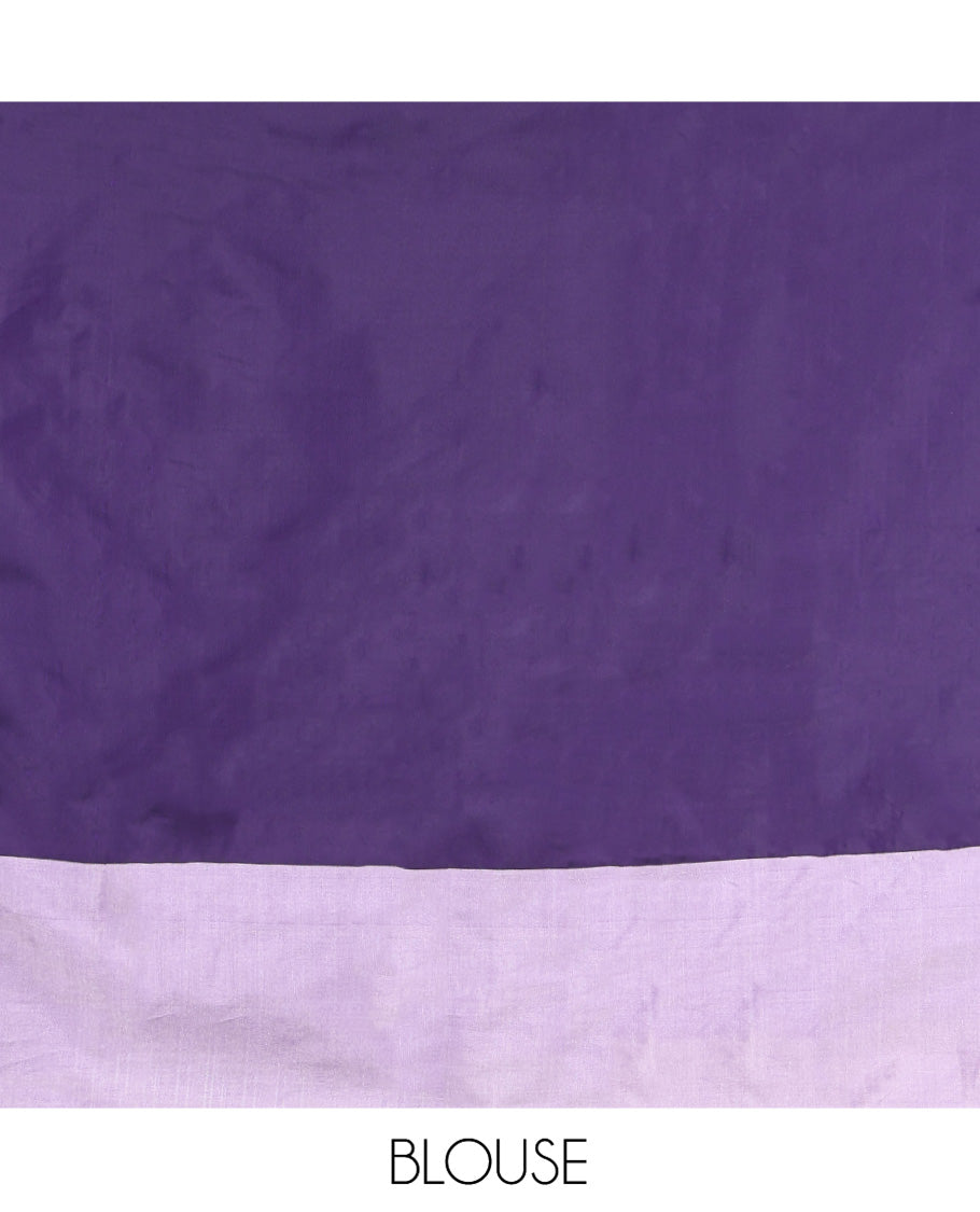Violet Aarani Gift Saree, Detailed with Butta on Its Body, Complemented by a Contrast-Zari Striped Border, Zari-Striped Pallu, and Paired with a Contrast Blouse