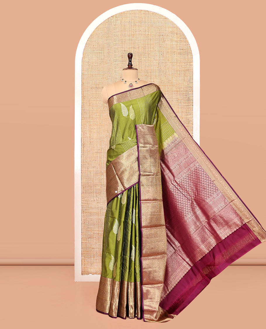 Green Budget Silk Saree, Enthralled with Zari Buttas and Stripes, Complemented by a Contrast Traditional Zari Border, Jaal Pallu, and a Contrast Blouse