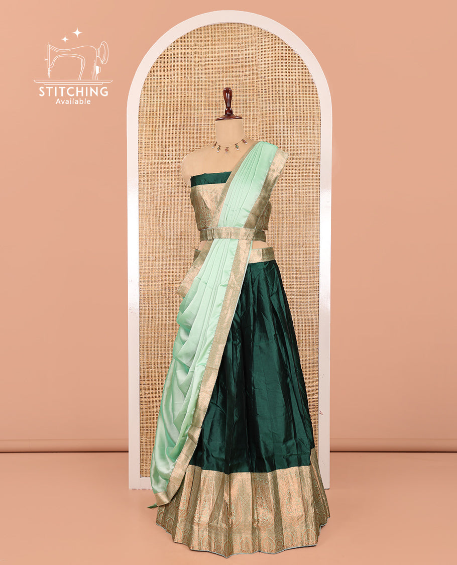 Green Semi-Banaras Half-Saree, Plain Contrast Intricate-Bordered Skirt, Matching Blouse, Contrast Dhavani