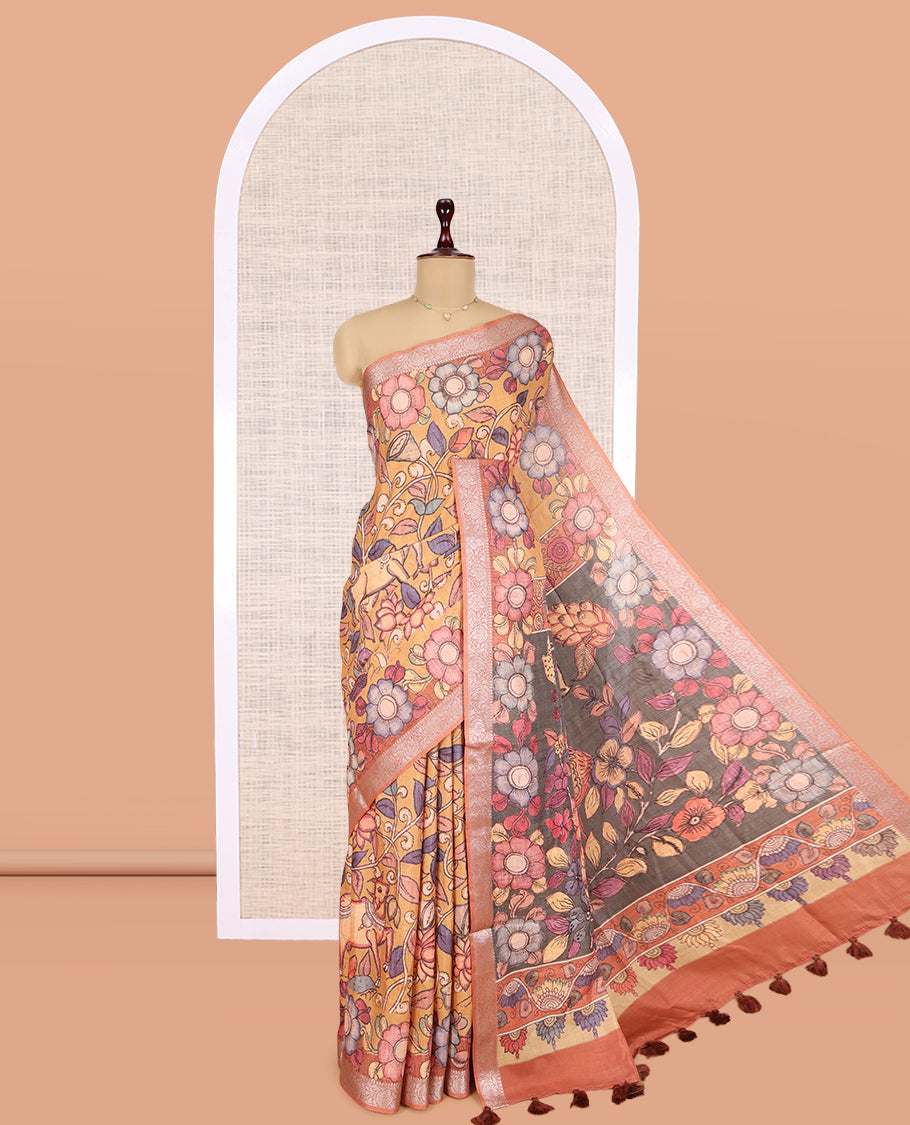 Pale Orange Kalamkari Printed Fancy Tussar Saree
