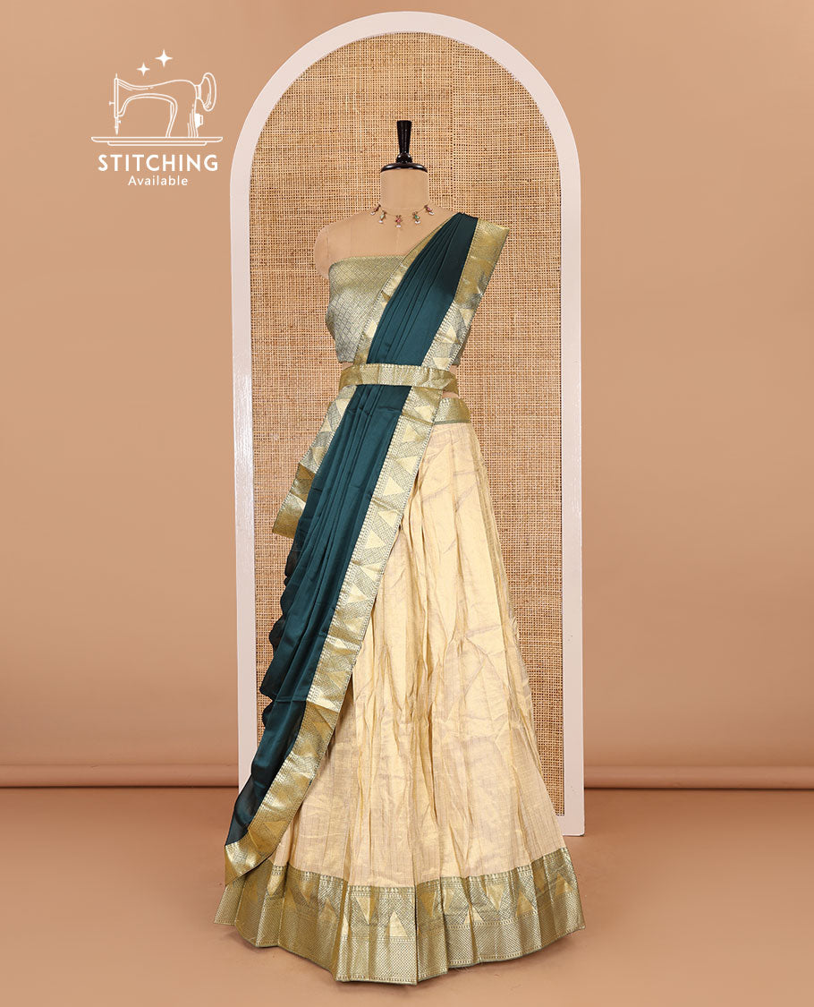 Chikku and rama color half-saree, zari checked with contrast traditional zari bordered banarasi skirt, jacquard blouse, and a contrast zari bordered syska georgette dhavani