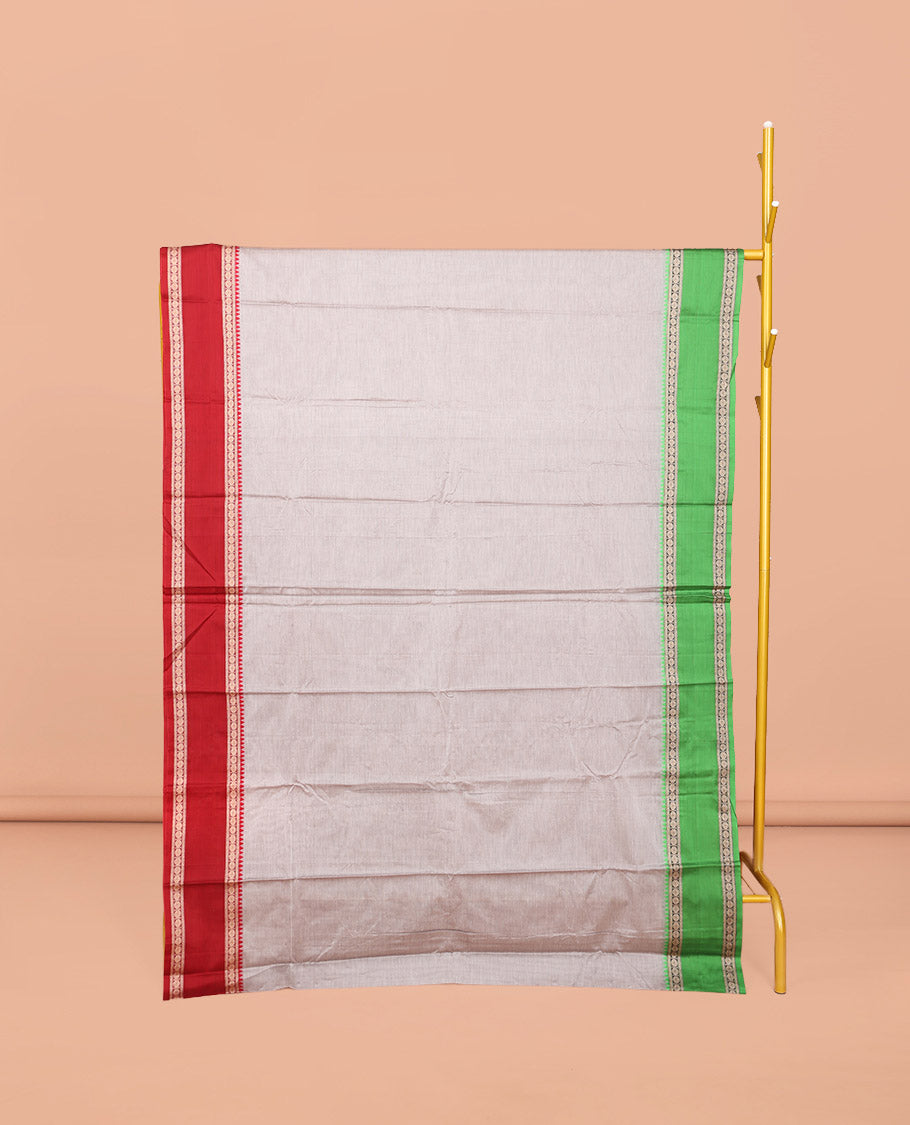 Off-white Plain Narayanpet Cotton Saree, Complemented by Contrast Traditional Design Rettai Pettu Ganga Jamuna Border, Striped Pallu, and Comes Without a Blouse