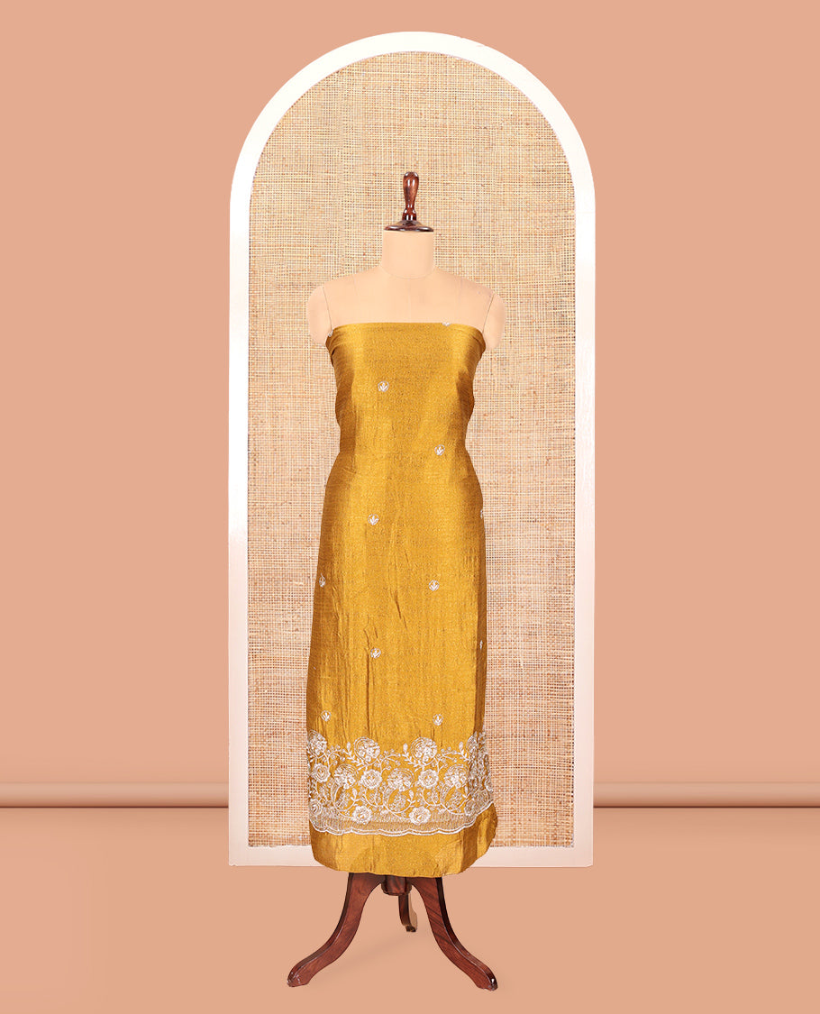 Mustard Semi-Silk Material Churidar Features a Floral Embroidered Top, a Matching Bottom, Embroidered Dupatta